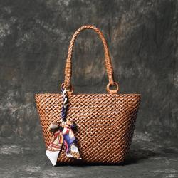 Vintage Summer Beach Woven Genuine Leather Real Cowhide Top Handle Tote Shoulder Bag Crossbody For Women