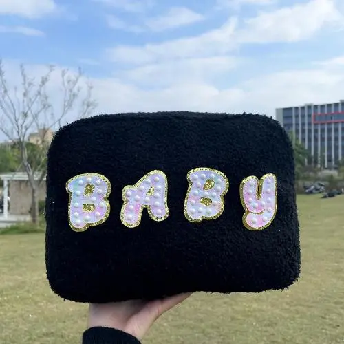 Keymay RTS Stock Winter Soft Teddy Cloth Cosmetic Bag Portable Ladies Travel Zipper Pouches Terry Plush Sherpa Make up Pouches