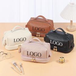 Custom Logo Large Pu Makeup Bag Double Layer Cosmetic Bags with Handle Travel Make Up Bag Organizer with Compartments