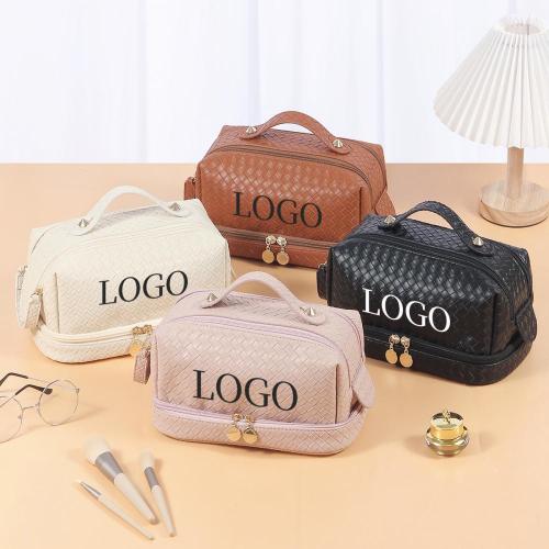 Custom Logo Large Pu Makeup Bag Double Layer Cosmetic Bags with Handle Travel Make Up Bag Organizer with Compartments