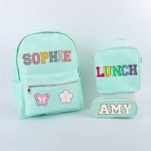 Keymay USA Warehouse Free Shipping Personalized  Chenille Letter Patch Nylon Backpacks Girl Book Bags Kids School Bags Backpack