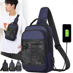 Hot Sale Fashion Designer Luxury Custom Blue Gray Camo Side Men Sling Crossbody Chest Bag With Usb Port Charging