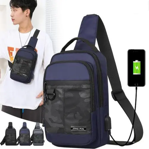 Hot Sale Fashion Designer Luxury Custom Blue Gray Camo Side Men Sling Crossbody Chest Bag With Usb Port Charging