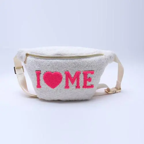 Keymay RTS Small Large Bridesmaid Gift Personalized Chenille Letter Patches Teddy Sherpa Bum Bag Belt Bag Sherpa Waist Bag