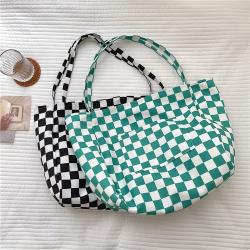 Wholesale reusable women's leisure soft new shopping shoulder bag popular canvas bag large capacity black white check tote bag