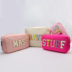 Keymay RTS Stock High Quality Waterproof Embroidery Sewed Girl Chenille Letters Bag Nylon Cosmetics Bag Luxury Travel Makeup Bag