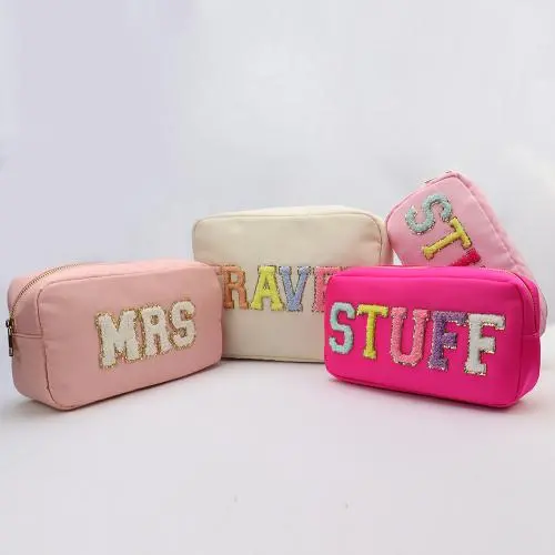 Keymay RTS Stock High Quality Waterproof Embroidery Sewed Girl Chenille Letters Bag Nylon Cosmetics Bag Luxury Travel Makeup Bag