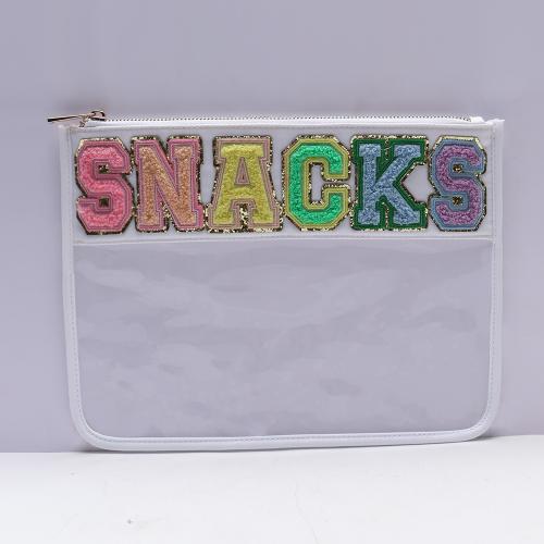Keymay Transparent Pvc Flat Lay Makeup Bag Travel Snacks Bag Personalized Chenille Letter Cosmetic Bag Clear Pouch With Patches