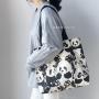 Large Capacity Women's Shoulder Bag Zipper Canvas Bag Cute Panda Cartoon Print Portable Shopping Bag Double-Sided Print