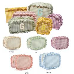 Keymay Fashion Women Girls Gift Bag Zipper Toiletries Organizer Gingham Makeup Bag Pouch Plaid Ruffle Cosmetic Bag