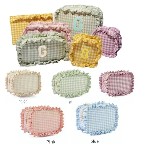 Keymay Fashion Women Girls Gift Bag Zipper Toiletries Organizer Gingham Makeup Bag Pouch Plaid Ruffle Cosmetic Bag
