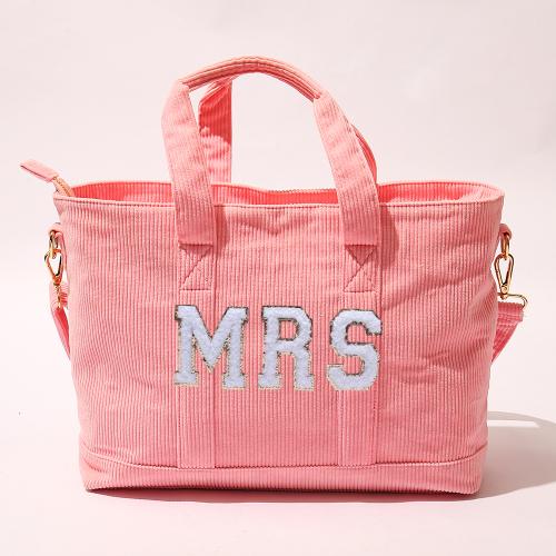 Keymay Low MOQ RTS DIY Chenille Letter Patches Fashion Cute Girls Travel Bag Corduroy Handbag Large Personalised Pink Tote Bag