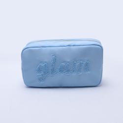 Keymay Custom Personalized Gift Embroidery Chenille Letter Nylon Pouch Cosmetic Makeup Bag Large Capacity Travel Cosmetic Bag