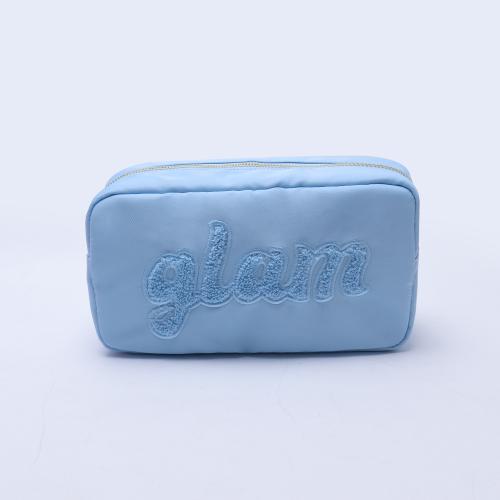 Keymay Custom Personalized Gift Embroidery Chenille Letter Nylon Pouch Cosmetic Makeup Bag Large Capacity Travel Cosmetic Bag