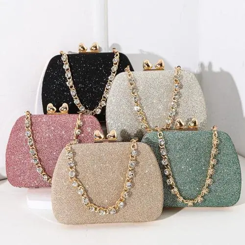 New fashion rhinestone handle handbag lady metal crossbody bag women beautiful evening bags glitter fabric clutch bag