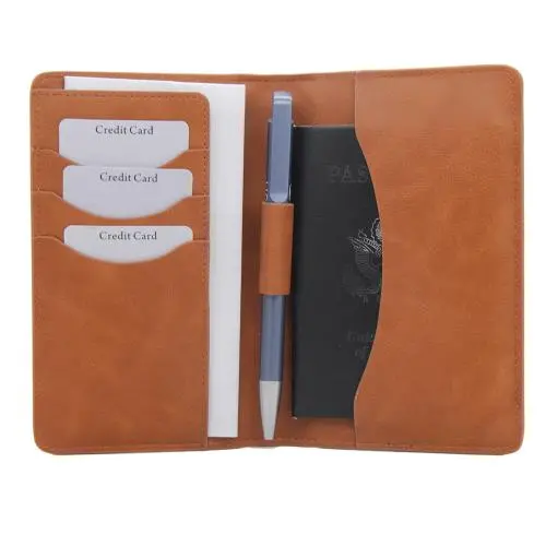 Soft PU leather passport holder with pen holder leather travel passport holder