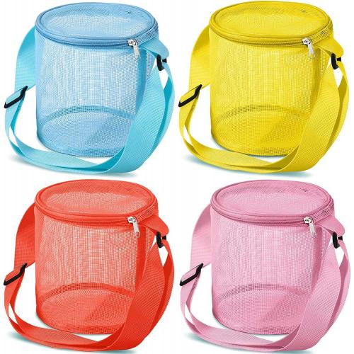 Gelory Colorful Beach Toy Seashell Shell Bags for Kids Girls Boys Adjustable Carrying Straps Cylinder Mesh Beach Bag