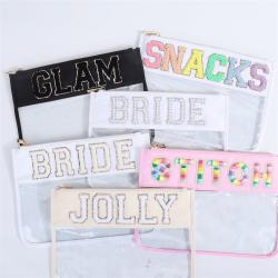 Keymay Custom Letter Clear Toiletry Bag Transparent Nylon Zipper Pouch Chenille Letter Patches Makeup Bag PVC Cosmetic Bag