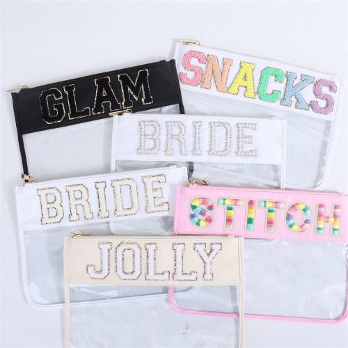 Keymay Custom Letter Clear Toiletry Bag Transparent Nylon Zipper Pouch Chenille Letter Patches Makeup Bag PVC Cosmetic Bag