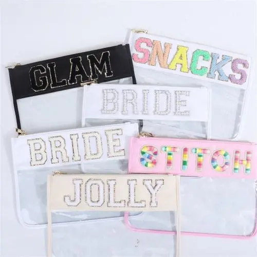Keymay Custom Letter Clear Toiletry Bag Transparent Nylon Zipper Pouch Chenille Letter Patches Makeup Bag PVC Cosmetic Bag