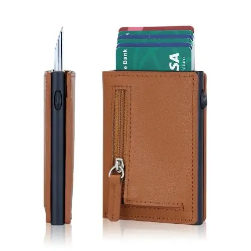 Customized Logo Magnetic Wallet Pu Leather Credit Card Holder Transparent Window Pop up Card Holder With Zipper Coin Pocket