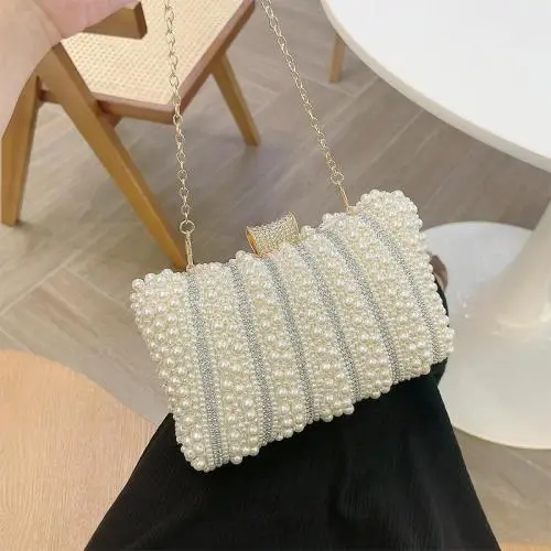 2024 New Pearl Rhinestone Flash Handbag Banquet Party Wedding Women Evening Bag Elegant Fashion Lady Purse Bags