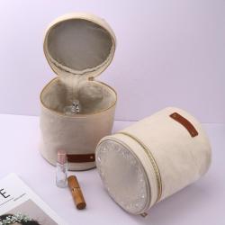 Round Portable Canvas Custom Women Bucket Cosmetic Bag Zipper Skincare Travel Cotton Canvas Makeup Cosmetic Pouch