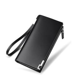 HR331 Business Men's Long Wallet PU Leather Sequin Zipper Hidden Pocket Buckle Wallet Purse Men's Wrist Strap Card Holder Clip