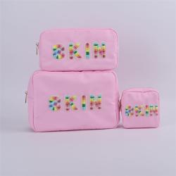 Keymay RTS Multi-color Portable Large Capacity Inner Pocket Waterproof Pink Makeup Bag Letter Cosmetic Bag Nylon Zipper Pouch