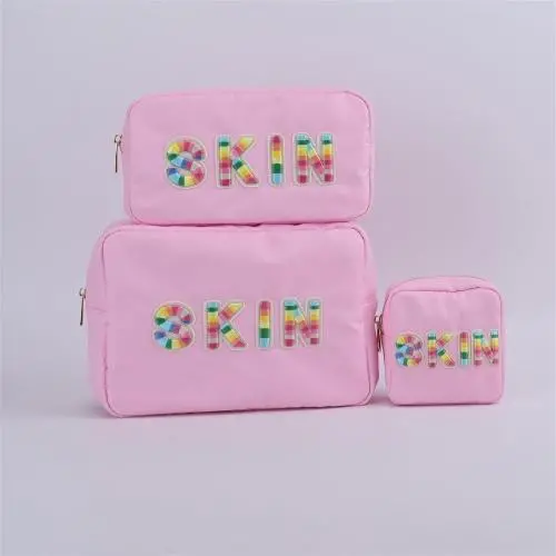 Keymay RTS Multi-color Portable Large Capacity Inner Pocket Waterproof Pink Makeup Bag Letter Cosmetic Bag Nylon Zipper Pouch