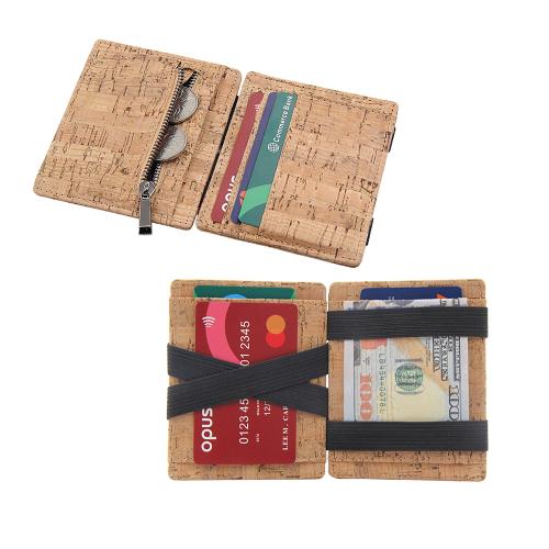 Fashion cork products card holder wallet rfid vegan cork magic wallet card holder with elastic band