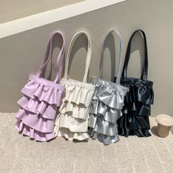 2024 Korean version new design soft PU leather shoulder bag silver new trend bag purple ruffled pleated tote bag for women