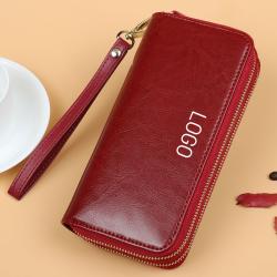 Oil Wax Cowhide Customs Wallet Pure Color Wallets Female Long Double Zipper Large Capacity Genuine Leather Wallet