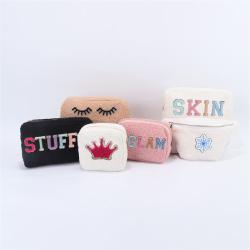DIY Personalized Embroidery Chenille Letter Patches Gold Zipper Winter Teddy Plush Pouch Cosmetic Bag Sherpa Fuzzy Makeup Bag