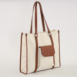 Custom Beige Cream Low MOQ Leather Trim Front Pockets for Women Canvas Personalize Weekender Large Travel Beach Bags and Totes