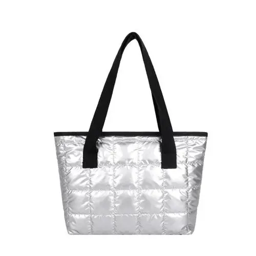 Woman ladies sports metallic puffer tote bag travel weekend overnight puffy bags big quilted shoulder tote bag