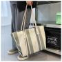 Gelory Korean Version Simple Stripes Large Capacity Ladies Shoulder Handbags Canvas Striped Zipper Tote Bag Women