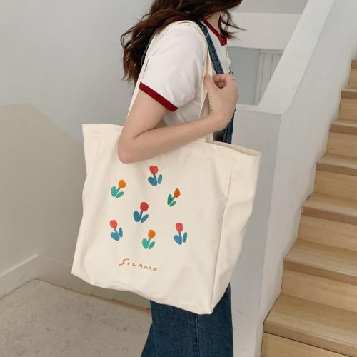 Large Capacity Summer White Student Canvas Handbags Embroidery Pattern Logo Canvas Shoulder Bag
