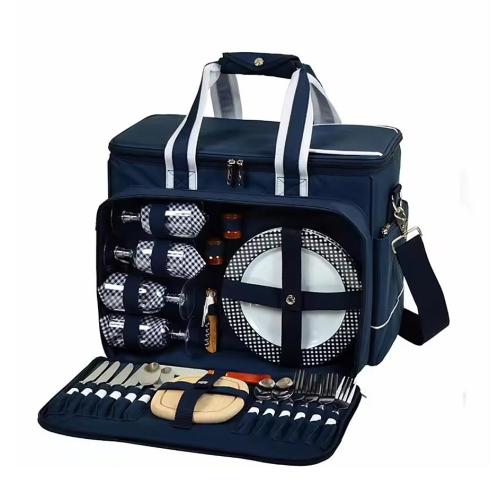Custom 4 Person Family Outdoor Camping Bag Cooler Compartment with Detachable Bottle Wine Holder Picnic Set BBQ Tote Bag