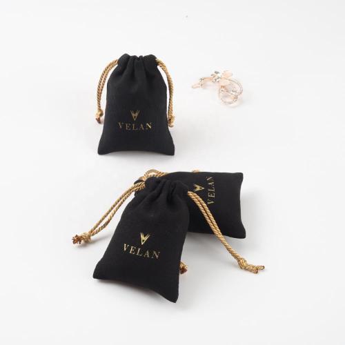 Customized Black Mini Canvas Flannel Gift Drawstring Bracelet Packaging Jewelry Bag