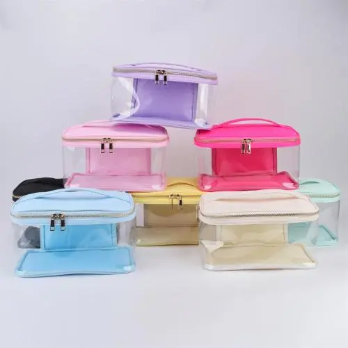Durable Waterproof  PVC Window Portable Handle Wash Toiletry Bag Open Top Transparent Travel Cosmetic Bags Clear Toiletry Bag