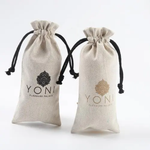 High End Custom Logo Printed Herringbone Drawstring Cotton Cosmetic Bag Luxury Cotton Gift Cosmetic Pouch