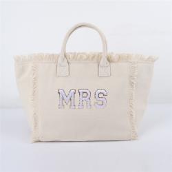 Keymay USA Warehouse Free Shipping High Quality Bridesmaid Gift Personalized Letter Patches Canvas Fringe Tote Bag for Women