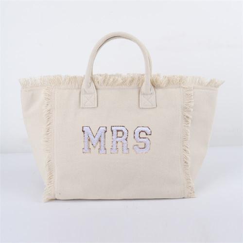 Keymay USA Warehouse Free Shipping High Quality Bridesmaid Gift Personalized Letter Patches Canvas Fringe Tote Bag for Women