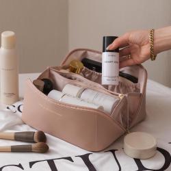 custom logo pu leather luxury makeup bag organizer for travel make up toiletry bag woman large capacity travel cosmetic bag