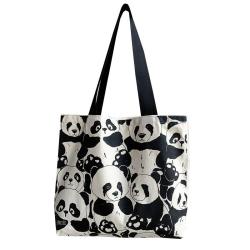 Large Capacity Women's Shoulder Bag Zipper Canvas Bag Cute Panda Cartoon Print Portable Shopping Bag Double-Sided Print