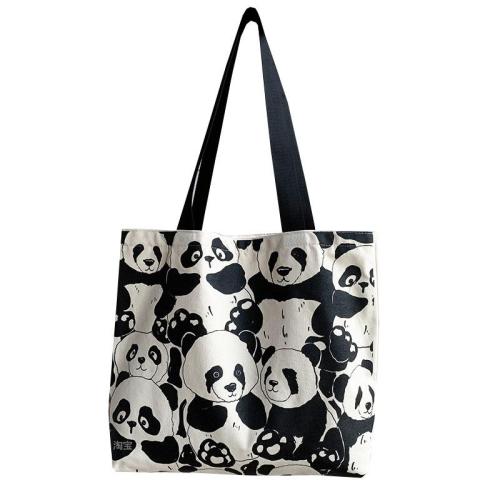 Large Capacity Women's Shoulder Bag Zipper Canvas Bag Cute Panda Cartoon Print Portable Shopping Bag Double-Sided Print