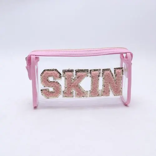 Keymay Personalized Letters Portable Waterproof Transparent PVC Makeup Bag Zipper Pouch Clear Makeup Bag