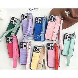 Luxury Cowhide Leather Wallet Mobile Phone Cover Card Holder For Iphone 12 13 14 15 Pro Max Plus Case With Finger Strap