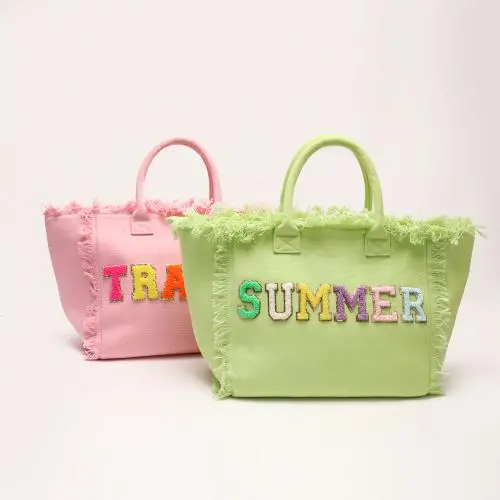 Wholesale Tassel Canvas Tote Bag Women Foldable Chenille Patch Cotton Shopping Bags With Custom Logo